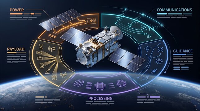 Satellite Functional Subsystems Infographic Showing Telecommunications Power and Sensor Payload Systems in Earth Orbit