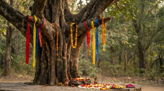 Traditional Sacred Tree With Offerings