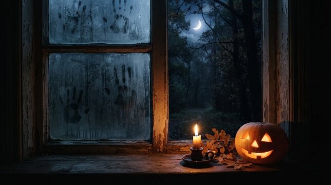 Spooky Halloween window with handprints, glowing jack-o-lantern and candle on windowsill, eerie moonlight forest background
