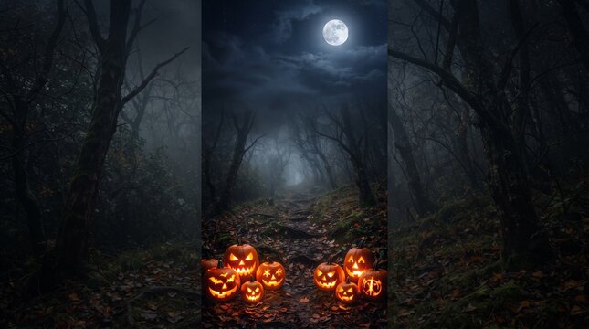Spooky Halloween forest at night with glowing jack-o-lanterns, eerie misty woods under full moon, mysterious dark path with carved pumpkins