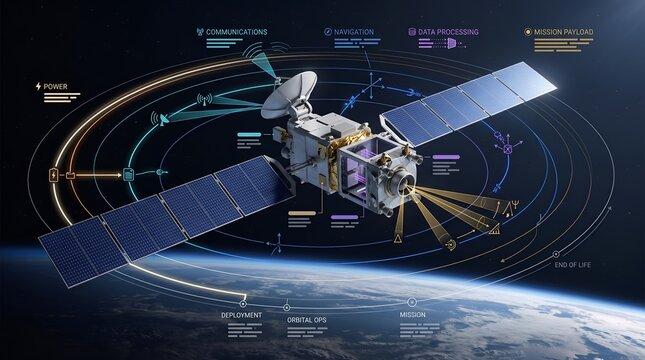 Orbital Satellite Mission Operations Diagram Illustrating Communications Navigation and Sensor Payload Tracking Over Earth