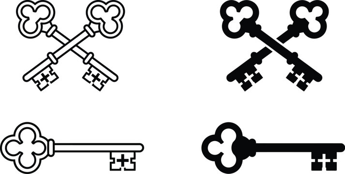 Vintage keys vector icon illustration set featuring crossed outline and solid black antique skeleton door hardware symbols isolated against white background design elements