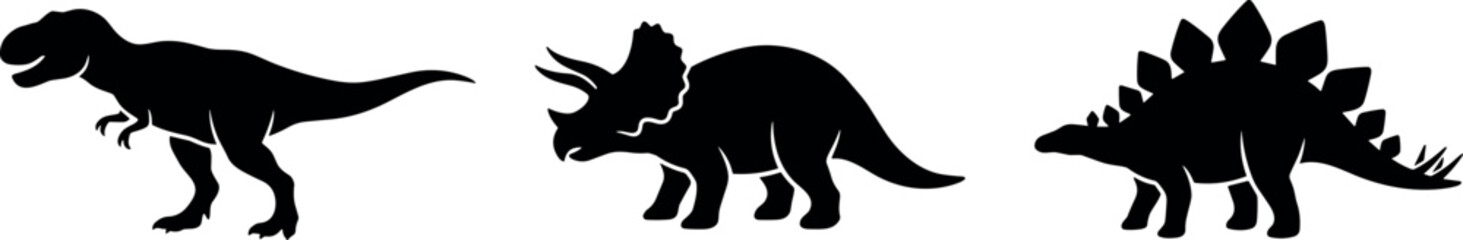 Dinosaur Silhouettes Set, Featuring Tyrannosaurus Rex, Triceratops, and Stegosaurus © Kamu2286 