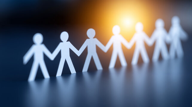 Paper people holding hands in a connected row represent teamwork community support social unity and human connection.
