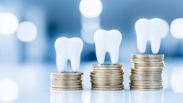 Three teeth resting on rising coin stacks represent dental care costs and healthcare financial planning.
