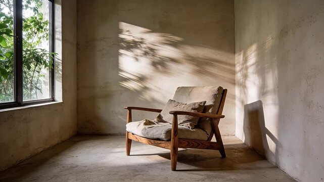 Indoor corner with wooden armchair and natural window light shadows