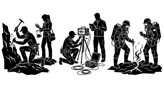 Geologists working in the field black silhouette vector illustration