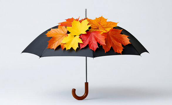 Black umbrella top covered with colorful yellow and red autumn leaves