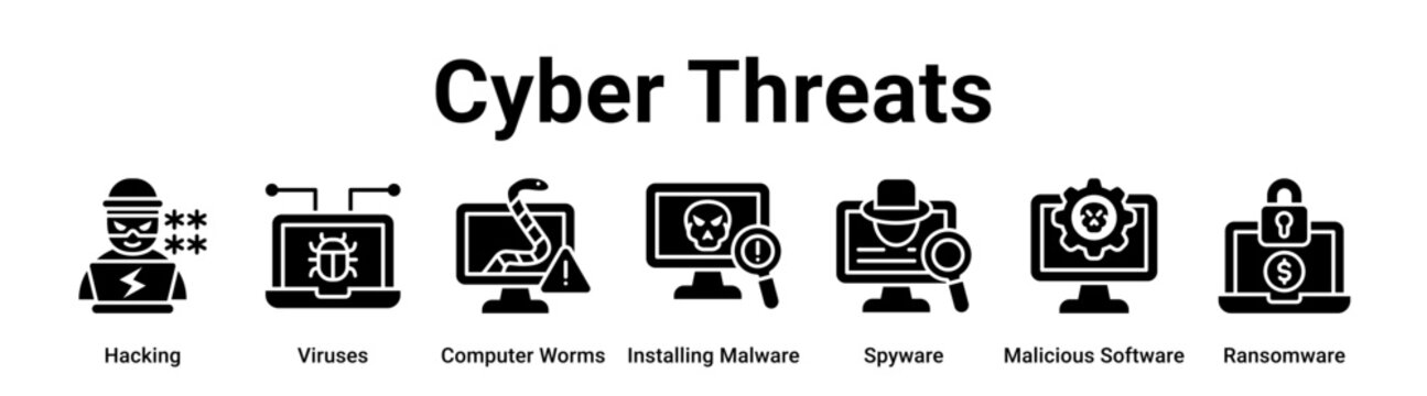 Cyber Threats web banner icon vector illustration concept for technology with icon of Hacking, Viruses, Computer Worms, Installing Malware, Spyware, Malicious.