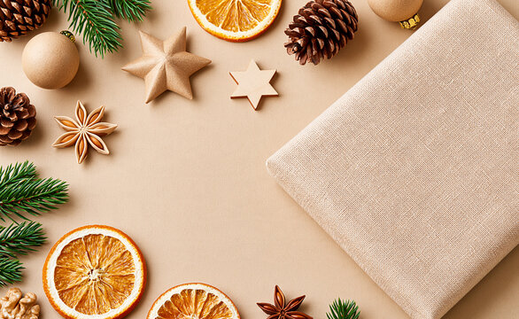 Top view flat lay of a Christmas gift box with dried oranges and eco-friendly packaging