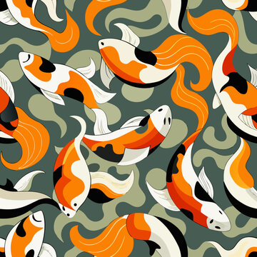 Japanese style seamless koi fish pattern displaying orange, white, and black carp swimming among stylized olive green water waves and swirls in a traditional art motif illustration.