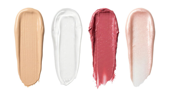 Cosmetic product smears including foundation cream and lipstick swatches isolated on transparent background