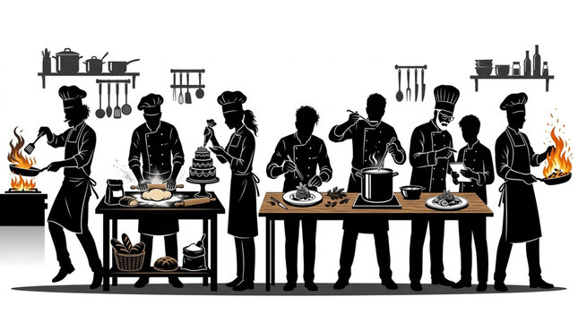 Chef silhouette team cooking in kitchen flat vector illustration