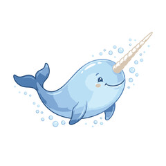 Cute Cartoon Narwhal Vector Illustration with Bubbles © NafiCraft