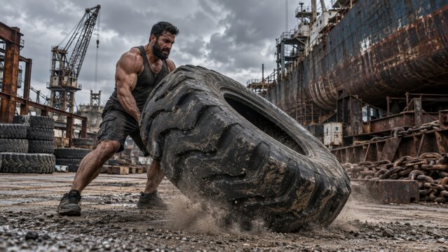 muscular man flips a large tractor tire in a gritty, industrial shipyard under a cloudy sky, showcasing strength and intense physical effort.