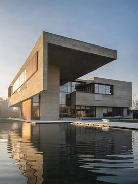 Cantilevered Concrete Research Building Reflects in Still Water at Dawn