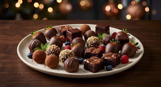 Premium Christmas chocolate dessert platter with truffles brownies and dark chocolate treats decorated with pine branches red baubles fairy lights and holiday background commercial photography