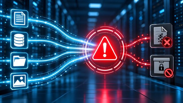 Abstract visualization of a critical data breach and corrupted file transfer intercepted by advanced network security protocols within a futuristic data center server environment.