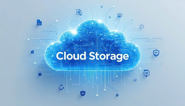 Cloud storage digital concept with glowing circuit board network graphic