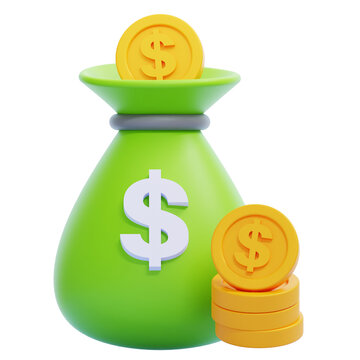 Green money sack illustration with dollar sign and gold coins symbolizing financial growth, profit, banking, and wealth accumulation for business