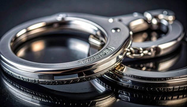 Gleaming metallic handcuffs on a dark, reflective surface, powerfully symbolizing law enforcement, justice, arrest, and the consequences of criminal actions and the legal system