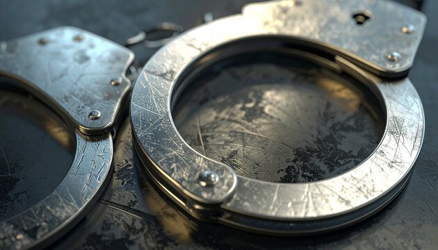 Detailed Close Up View of Metallic Steel Handcuffs Placed on a Rough Dark Gritty Surface Indicating Law Enforcement and Security Themes