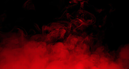 Abstract red smoke swirling on a black background, creating a dramatic atmospheric texture for backgrounds, overlays, energy, mystery, danger, fire, motion, and creative visual design projects. © wanchai peatoo
