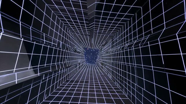 Abstract dark grid tunnel receding into a starry cosmic void, digital journey