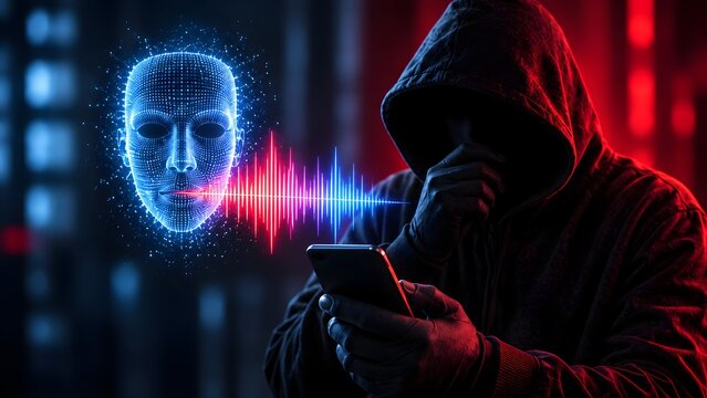 Anonymous hacker using smartphone for voice cloning and deepfake audio synthesis to execute identity theft