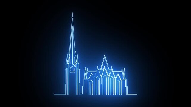 Glowing blue neon outline animation of a gothic cathedral video footage