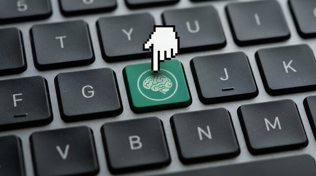Artificial intelligence brain icon on computer keyboard, digital mind and machine learning concept, pixelated hand cursor clicking green smart key