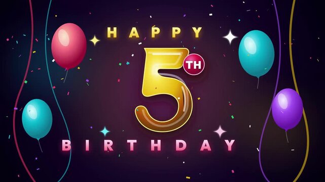 Happy Birthday 5th Motion Graphic with Golden Number and Balloons