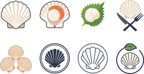Gourmet Seafood Scallop Raw Shellfish Culinary Ingredient Icon Set Vector © Faima