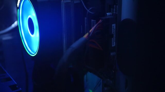 Gaming PC Interior with Blue LED Lighting and Cooling Fans