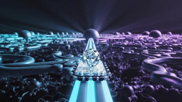 Cinematic tracking shot of glowing crystal data packet traveling through futuristic cyber network