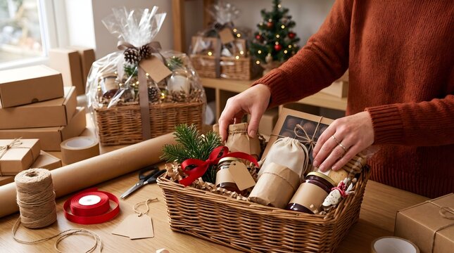Small business owner preparing christmas gift basket hampers for holiday delivery