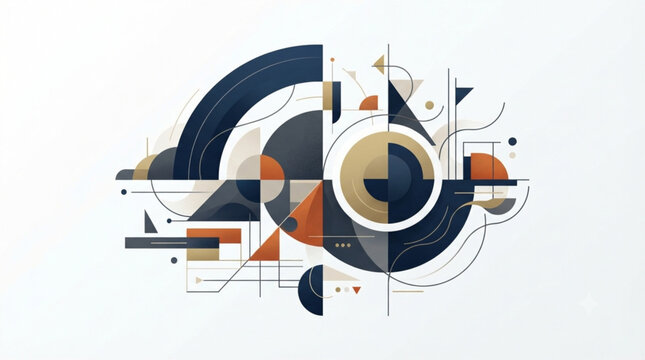 Geometric Abstract Art Composition with Circles and Triangles in Blue and Orange