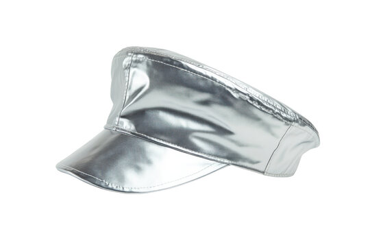 Silver Metallic Chef Cap Isolated on Black Background Shiny Fabric Texture toque
