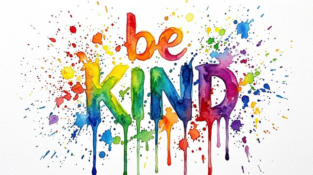 Colorful watercolor splash art with the words be kind in a vibrant design