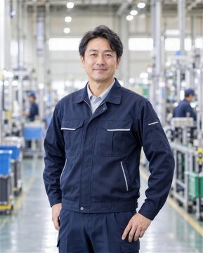 製造ラインの通路で微笑む紺色の作業服の男性