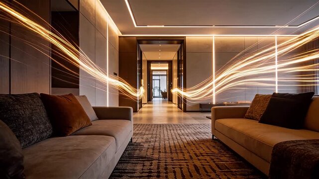 Modern luxury living room with ambient light trails and marble wall