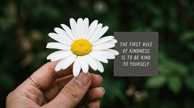 Hand holding a daisy flower with blurred text in the background