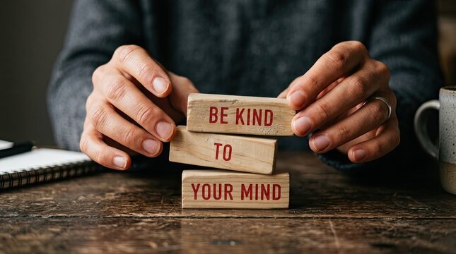 Hands building blocks with the words be kind to your mind message