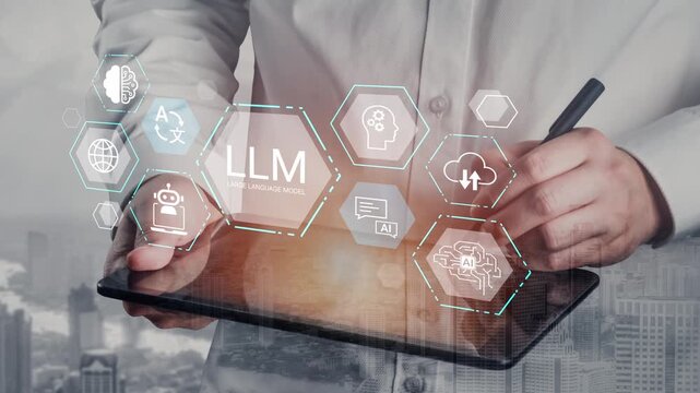 Digital Interface Interaction with LLM Technology and Iconic Symbols Representing Artificial Intelligence and Innovation in a Modern Environment Gluon.