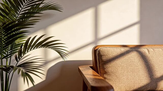 Bright indoor space with potted palm plant and wooden furniture