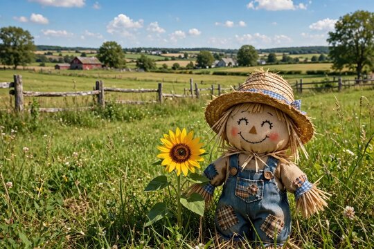 Cute Scarecrow Holding Sunflower in a Sunny Rural Field.