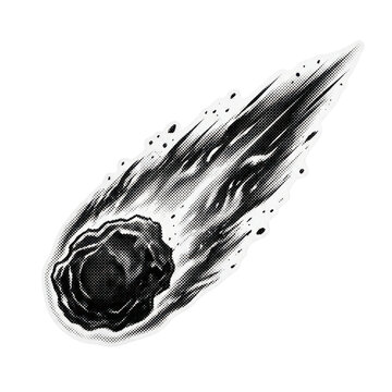 Black and white illustration of a falling meteorite or comet in space.