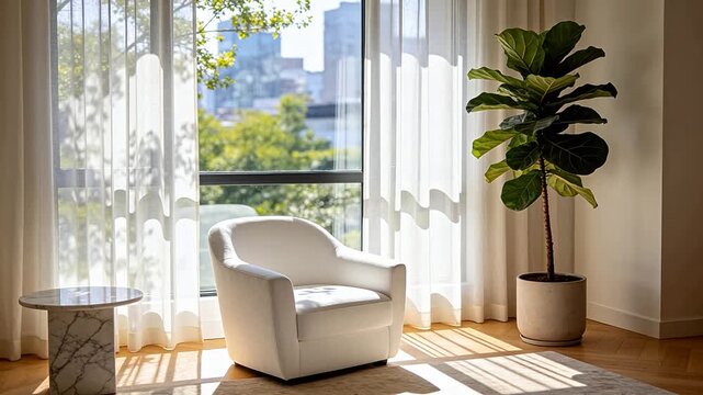 Modern minimalist interior with white armchair marble table and fiddle leaf fig