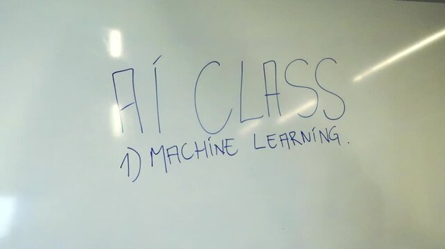 Whiteboard in a classroom with AI Class and Machine Learning written with a marker. Academic environment focused on teaching artificial intelligence and technology concepts for the future