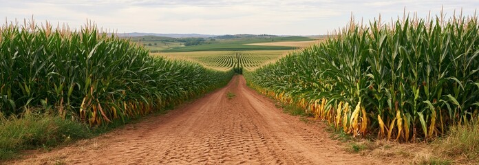 Obraz premium Rural dirt road between corn fields with rows of crops and rolling farmland landscape